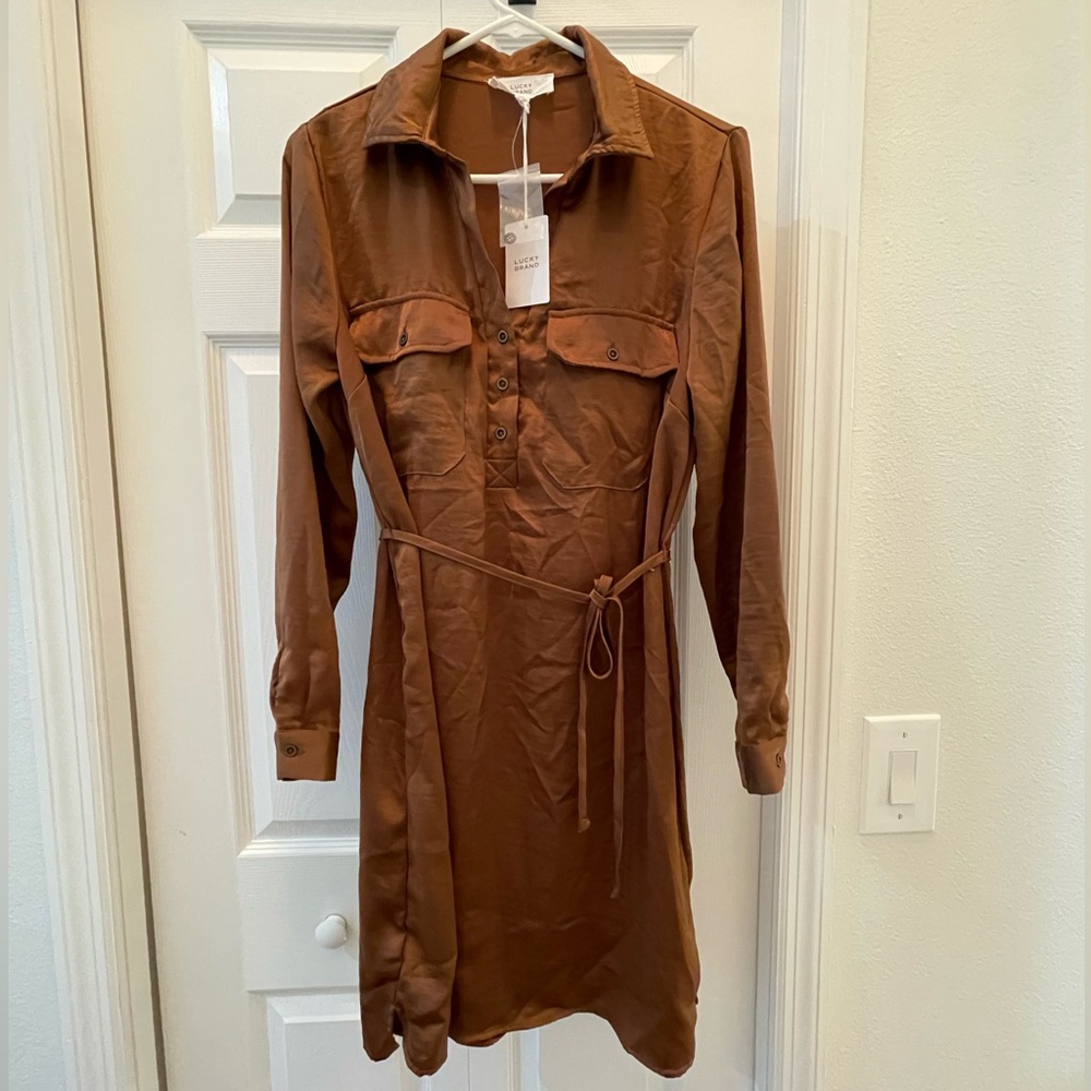 Lucky Brand Copper Satin Shirt Dress Size M